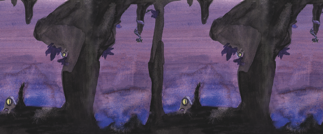 Ein Wasserfarbenbild mit einer dunkle Höhle mit violetten Kristallen. Im Bild verstecken sich einäugige schleimartige Kreaturen und ein kleiner Wyrm.